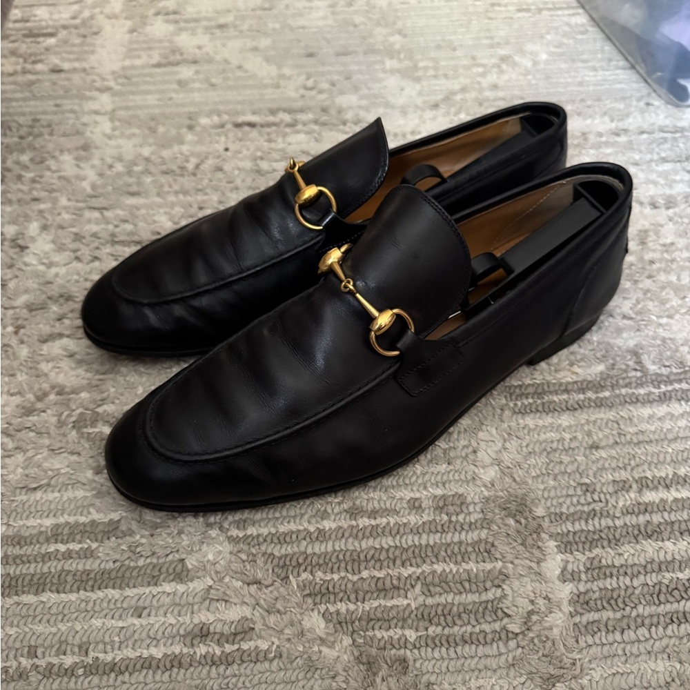 Gucci Black Leather Loafers with Gold Accents